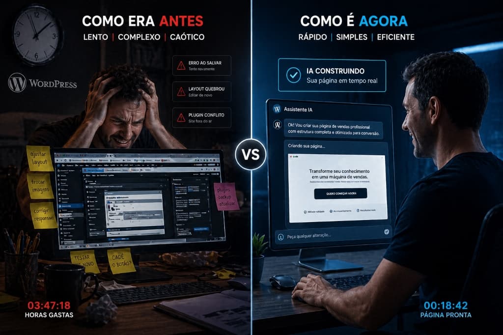 Comparação: Como era antes (WordPress) vs Como é agora (IA)